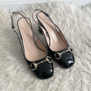 Gucci Black Patent Leather Horsebit Slingback Pump size 38